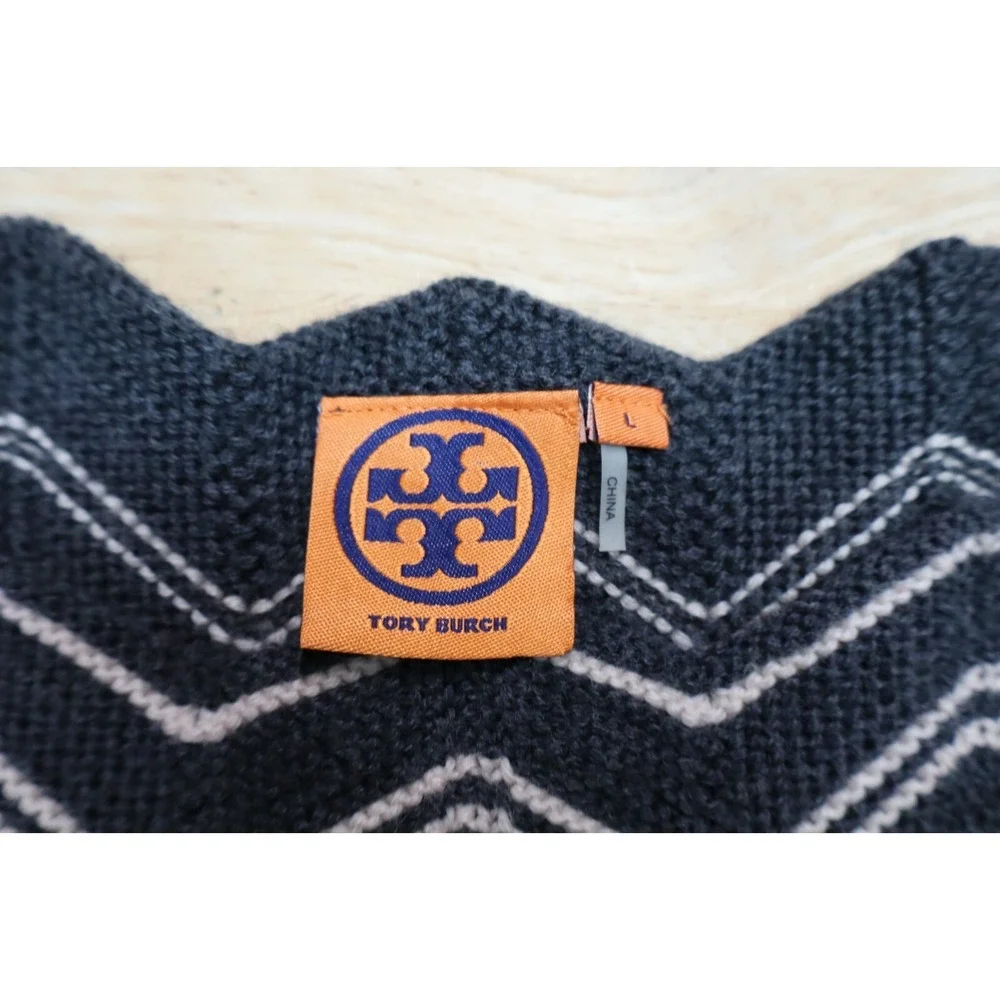 Tory Burch Kent Sweater Dress Chevron Knit Merino Wool Womens Size L Gray